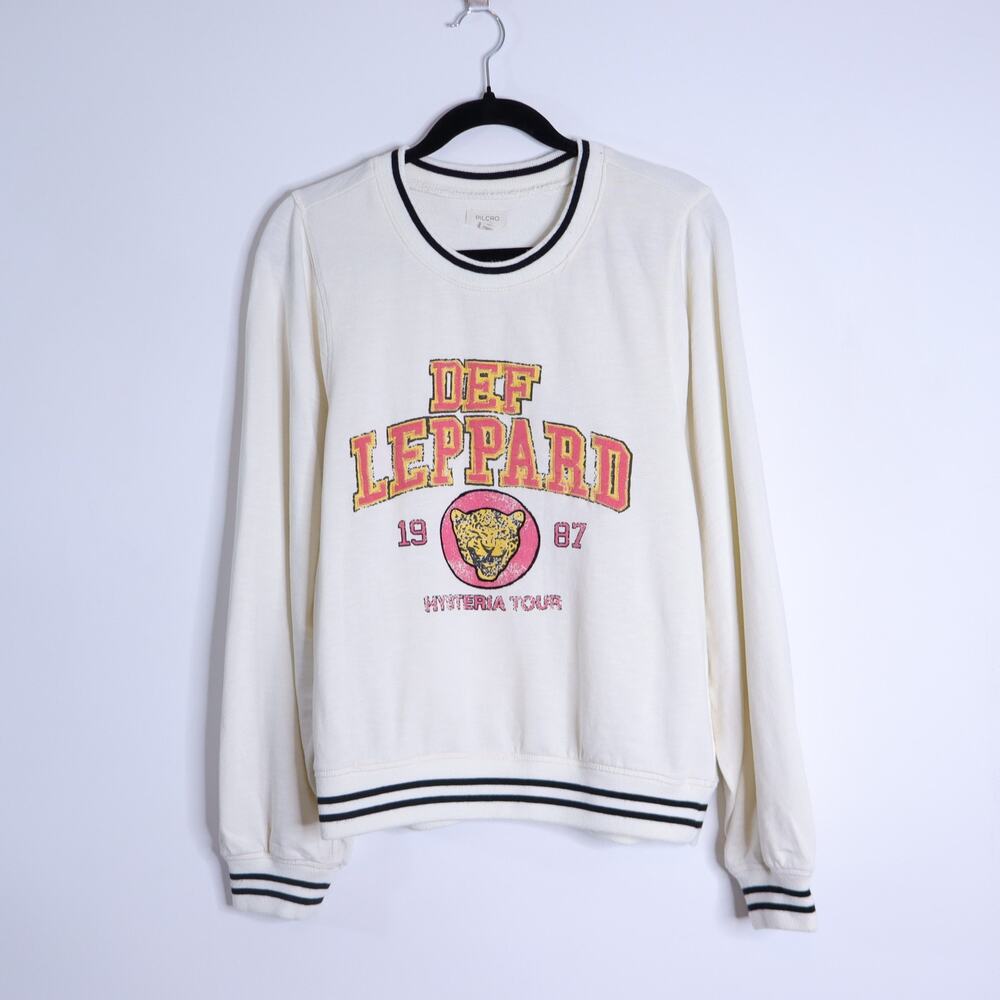 PILCRO Def Leppard Varsity Sweatshirt Ivory Oversized Long Sleeve Women's S